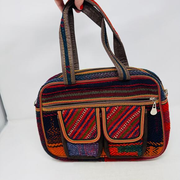 Handmade Multicolor Tweed Shoulder Bag Boho Woven Purse with Front Pockets - Picture 2 of 9